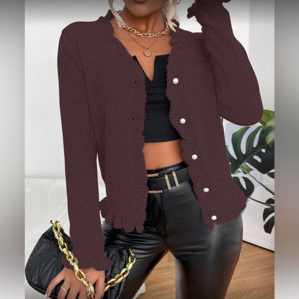 Brown Ruffled Button-Up Sweater - Picture 2 of 5